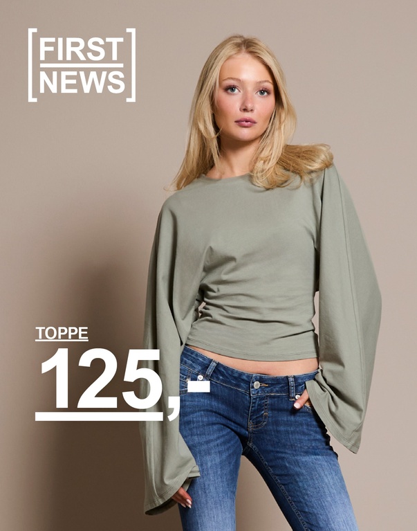 To piger i toppe, en grøn og en brun. Kampagnetekst: "TOPPE, 125,-".
