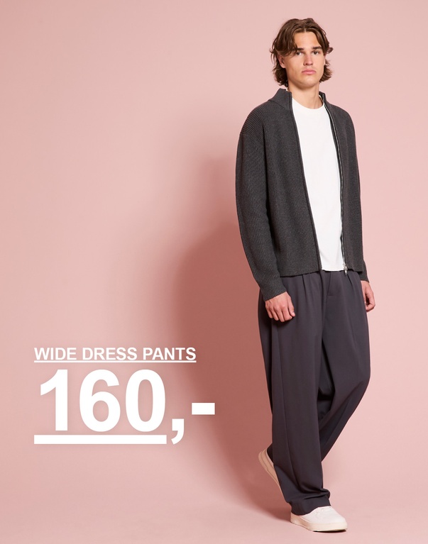 Fyr i mørkegrå striktrøje og vide bukser. Kampagnetekst: "WIDE DRESS PANTS 160,-"