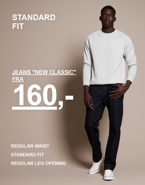 Herre i jeansmodellen "NEW CLASSIC" i sort denim. Kampagnetekst: "JEANS 'NEW CLASSIC' FRA 160,-"