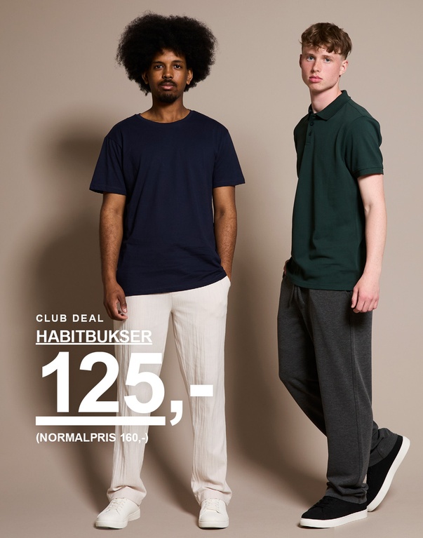 To fyre i pæne bukser: én i hvide, én i mørkegrå. Kampagnetekst: "HABITBUKSER 125,- (NORMALPRIS 160,-)"