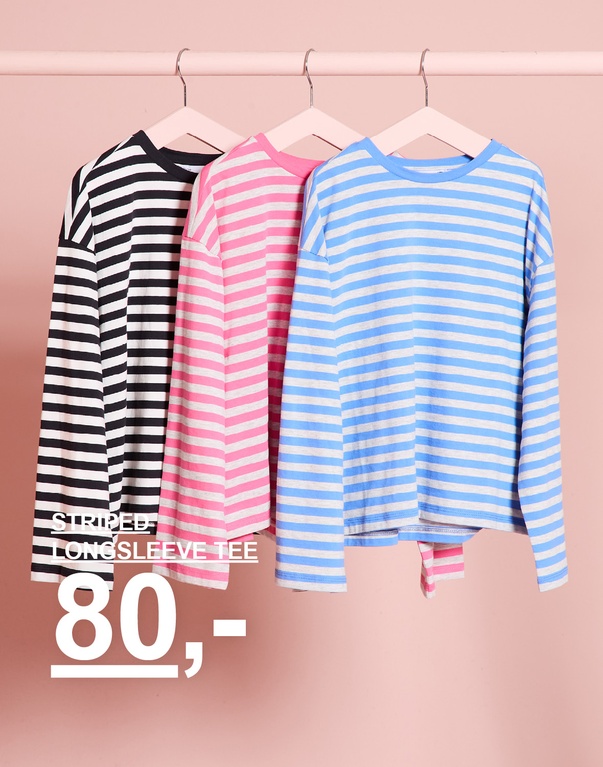 Stribede langærmede T-shirts til børn i sort/hvid, pink/hvid og blå/hvid. STRIPED LONGSLEEVE TEE 80,-.