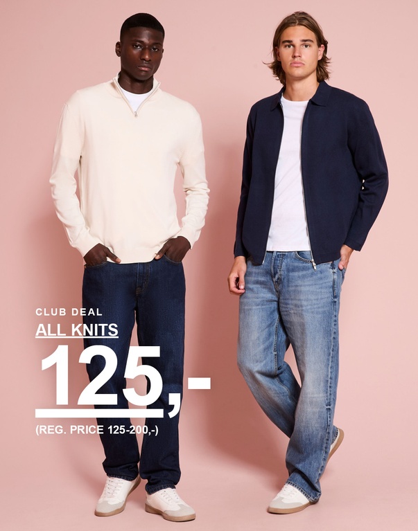 To fyre i striktrøjer og jeans. Kampagnetekst: "CLUB DEAL ALL KNITS 125,- (REG. PRICE 125-200,-)".