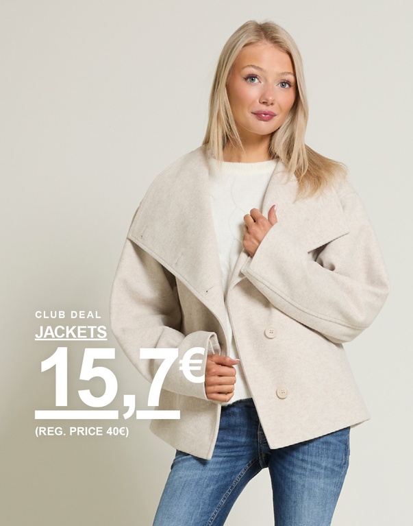 Beige villatakki. Kampanjateksti: "CLUB DEAL, WOOL JACKETS, 15€ (OVH 40€)".