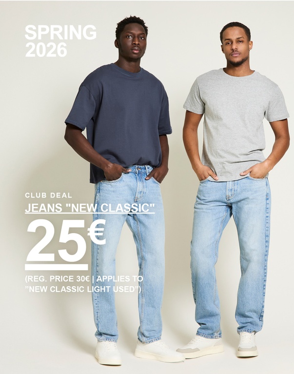 Jeans “New Classic” – Club Deal 25€ (Reg. price 30€ | Applies to “New Classic Light Used”), vaaleansiniset farkut kahdella mallilla.