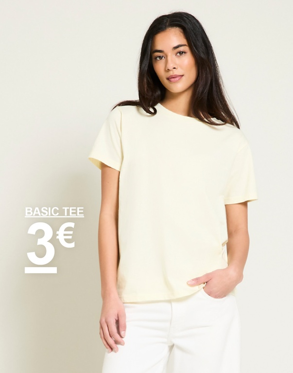T-paita vaaleankeltainen. Kampanjateksti: 'BASIC TEE, 3€'.