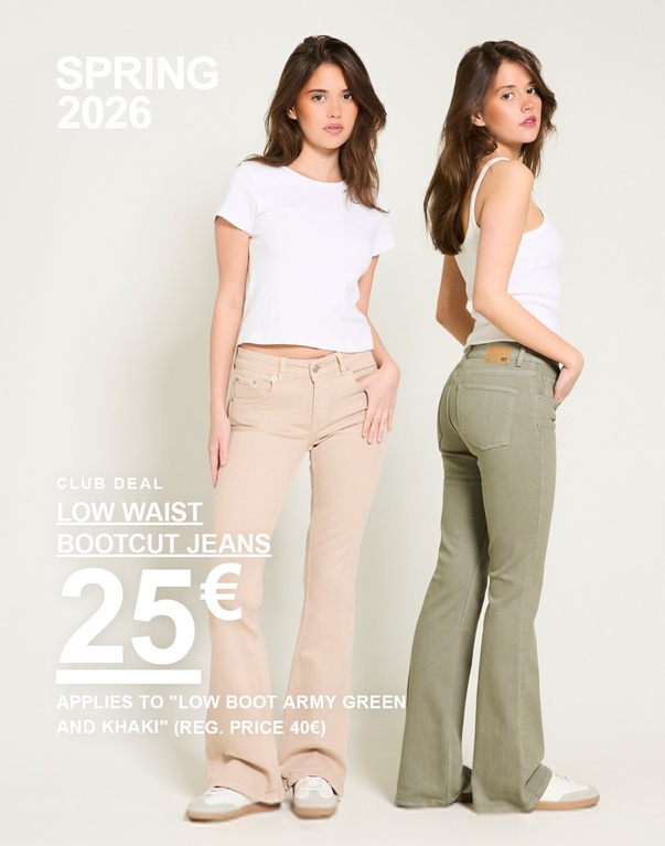 Zwei Frauen in weißen Oberteilen und Bootcut-Jeans in Beige und Grün. Kampagnentext: „LOW WAIST BOOTCUT JEANS, 25€“
