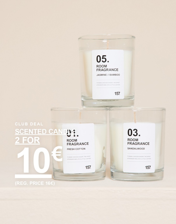 Duftkerzen im Glas. Kampagnentext: 'CLUB DEAL, SCENTED CANDLE, 2 FÜR 10€ (UVP 16€)'.