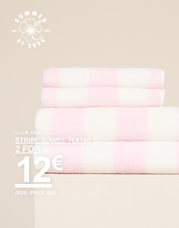 Beige Waffelhandtücher in der Größe 70x140. Kampagnentext: 'CLUB DEAL, HANDDUK 70X140, 2 FÜR 12€ (UVP 16€)'.