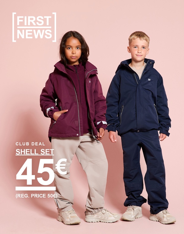 Drei Kinder tragen Shell-Sets in verschiedenen Farben. Club Deal: Shell-Set 45 €. Regulärer Preis: 50 €.