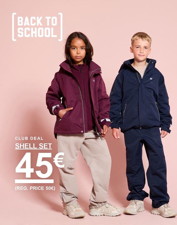 Drei Kinder tragen Shell-Sets in verschiedenen Farben. Club Deal: Shell-Set 45 €. Regulärer Preis: 50 €.