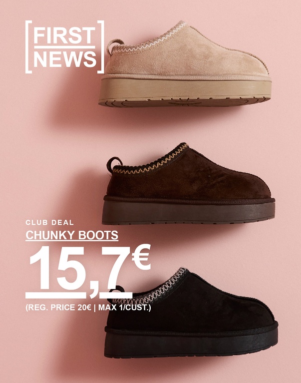 Zwei Paar Chunky Boots in Schwarz und Beige vor rosafarbenem Hintergrund. FIRST NEWS. CLUB DEAL. CHUNKY BOOTS 15,7 € (UVP 20 € | MAX. 1 PRO KUNDE.)