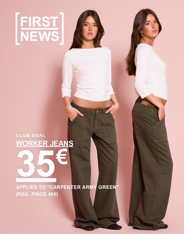 Zwei Models in weißem Langarmshirt und grüner Worker Jeans. CLUB DEAL. WORKER JEANS 35 €. Gilt für „Carpenter Army Green“. UVP 40 €.