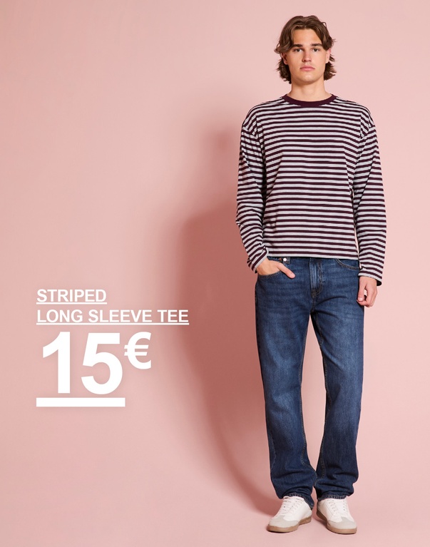 Mann in gestreiftem Longsleeve und Jeans. Kampagnentext: "STRIPED LONG SLEEVE TEE 15€"