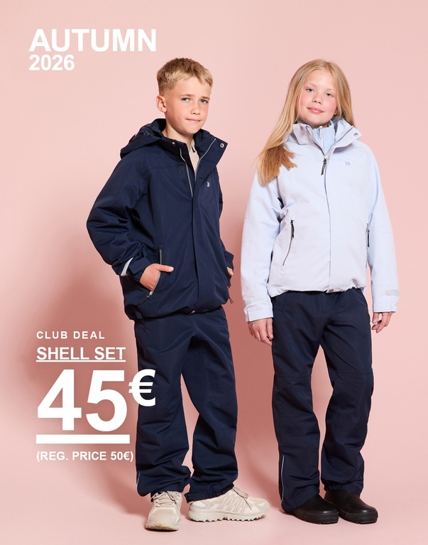 Drei Kinder tragen Shell-Sets in verschiedenen Farben. Club Deal: Shell-Set 45 €. Regulärer Preis: 50 €.