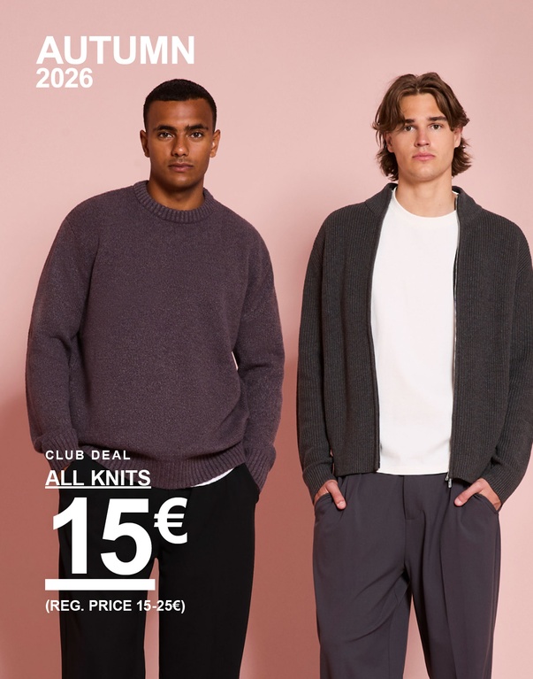 Zwei Männer in Herbstlooks mit Strickpullovern. Kampagnentext: "CLUB DEAL ALL KNITS 15€ (REG. PRICE 15-25€)"