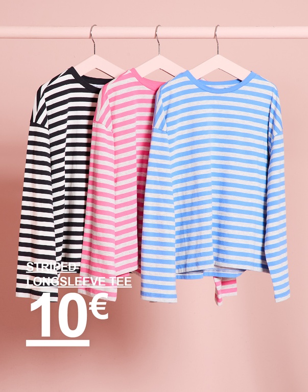 Lasten raidalliset pitkähihaiset paidat mustavalkoisena, vaaleanpunavalkoisena ja sinivalkoisena. STRIPED LONGSLEEVE TEE 10€.
