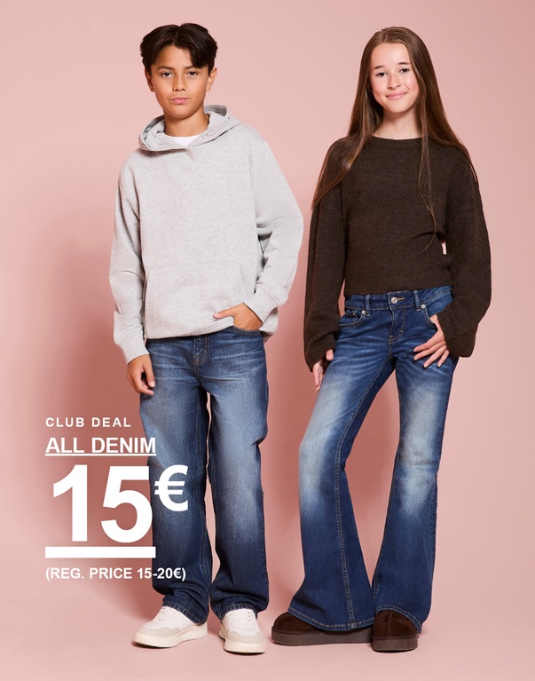 Poika ja tyttö farkuissa. CLUB DEAL – ALL DENIM 15€ (norm. hinta 15–20€).