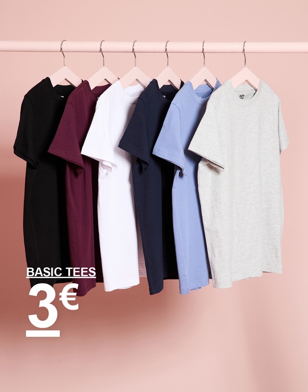 Basic T-Shirts in Schwarz, Bordeauxrot, Weiß, Dunkelblau, Hellblau und Grau. BASIC TEES 3€.