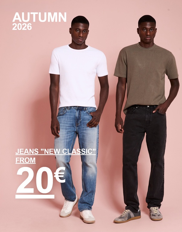 Zwei Männer in New Classic Jeans, einer in schwarzem und einer in blauem Denim. Kampagnentext: "JEANS 'NEW CLASSIC', FROM 20 €".