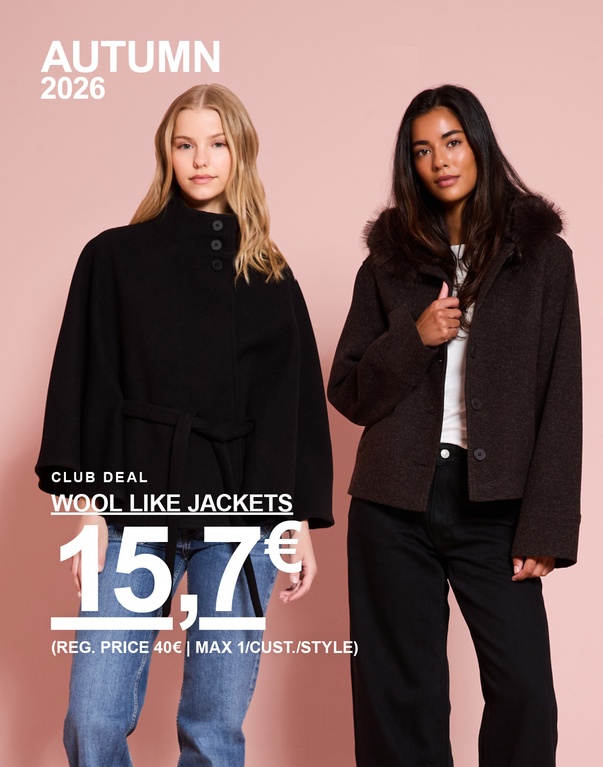 Zwei Frauen in dunkelbraunen und schwarzen Jacken. Aktionstext: „CLUB DEAL, WOOL LIKE JACKETS, 15,7€ (UVP 40€ | MAX. 1/KUNDE/MODELL)“.