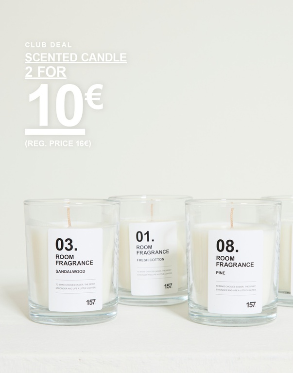 Tuoksukynttilät lasissa. Kampanjateksti: 'CLUB DEAL, SCENTED CANDLE, 2 KPL 10€ (OVH 16€)'.
