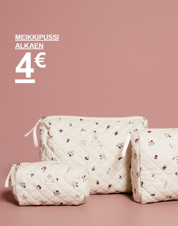Beiget kukkakuvioiset pussukat kolmessa koossa. Kampanjateksti: "MEIKKIPUSSI ALKAEN. 4€"