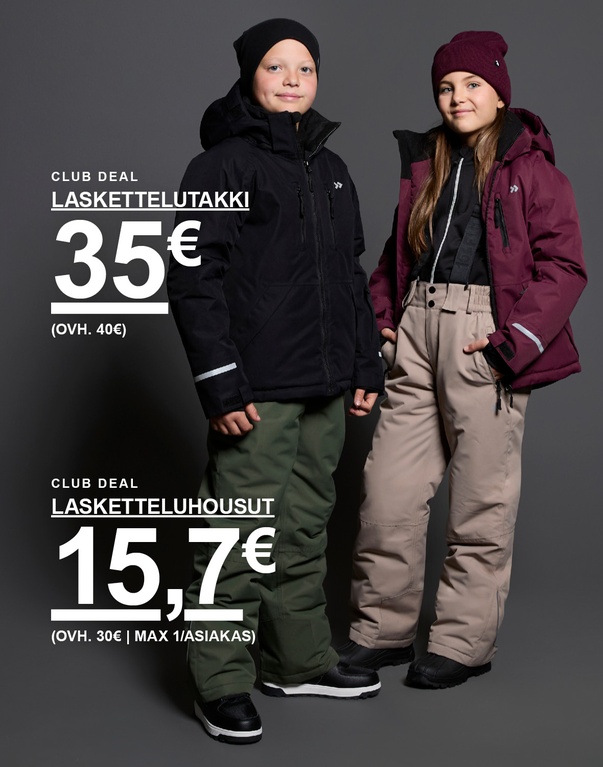 Kaksi lasta hiihtoasuissa: musta takki vihreillä housuilla ja viininpunainen takki beigeillä housuilla. Teksti: “HIIHTOHOUSET 16 € (NORM. HINTA 30 € | MAX 1/ASIAKAS)” ja “HIIHTOTAKKI 35 € (NORM. HINTA 40 €)”.