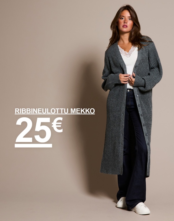 "Tyttö harmaassa ribbineulemekossa. Kampanjateksti: 'RIBBINEULEMEKKO, OVH 25€'."