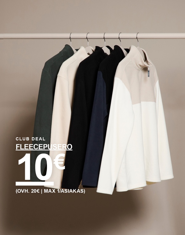 Viisi fleecepuseroa väreissä vihreä, valkoinen, musta, tummansininen ja beige/valkoinen roikkuu vierekkäin. Teksti: Club Deal Fleecepusero 10 € (ovh. 20 € | max 1/asiakas).Heavy T-paita 8€".