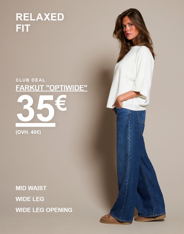 Kaksi naista valkoisissa topeissa ja tummansinisissä “Optiwide”-farkuissa. Kampanjateksti: “JEANS ‘OPTIWIDE’ 35€ (norm. hinta 40€), BACK IN STOCK”.