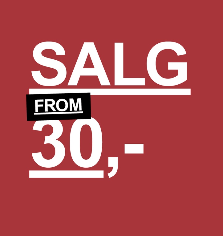Rød bakgrunn med hvit tekst: «SALG FRA 30,-»