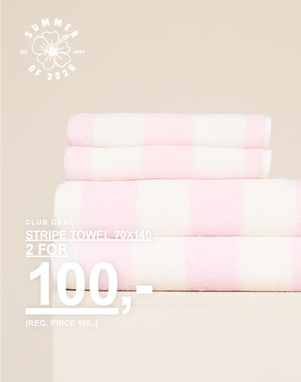 Beige vaffelhåndklær i størrelse 70x140. Kampanjetekst: 'CLUB DEAL, HANDDUK 70X140, 2 FOR 120,- (FAST PRIS 160,-)'.