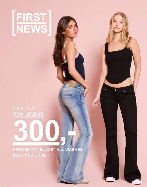 Tre modeller har på seg Blaze Y2K-jeans i ulike vasker. Club Deal: Blaze Y2K-jeans 300 kr. Gjelder alle vasker. Ordinær pris: 400 kr.