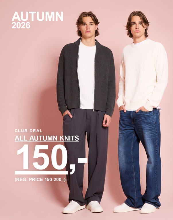 To gutter i høstlooks med strikkede gensere. Kampanjetekst: "CLUB DEAL ALL AUTUMN KNITS 150,- (REG. PRICE 150-200,-)"