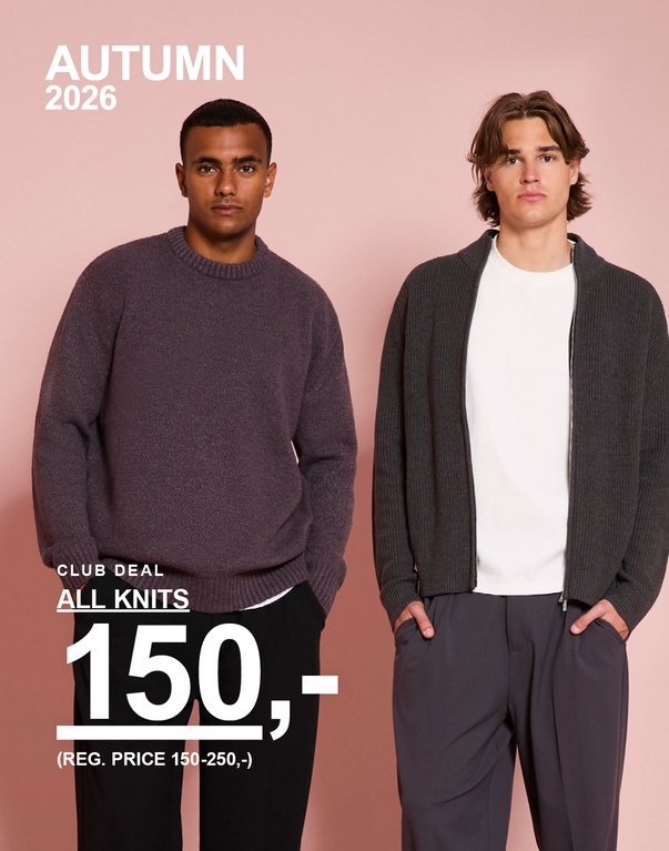 To gutter i høstlooks med strikkede gensere. Kampanjetekst: "CLUB DEAL ALL KNITS 150,- (REG. PRICE 150-250,-)"