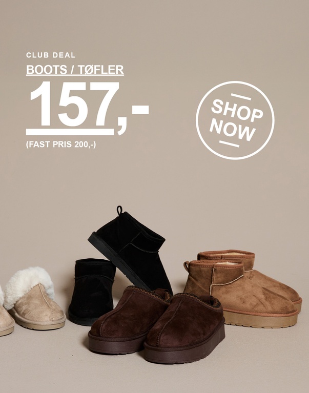 Tre par chunky boots i beige, mørkebrunt og svart med dekorative sømmer samt ett par beige tøfler. Kampanjtekst: 'CLUB DEAL, CHUNKY BOOTS 157,- (FAST PRIS 200,-)'.