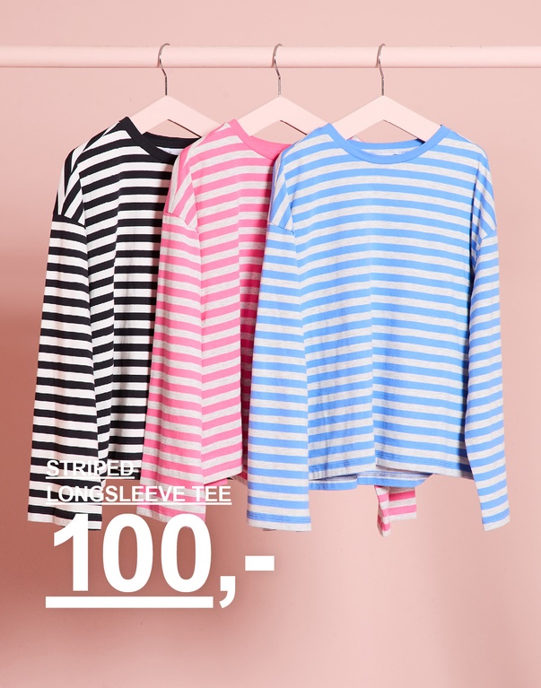 Stripete langermede t-skjorter til barn i svart/hvit, rosa/hvit og blå/hvit. STRIPED LONGSLEEVE TEE 100,-.