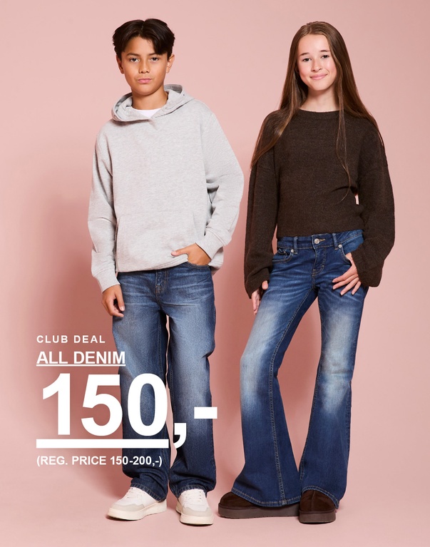 Gutt og jente i jeans. CLUB DEAL – ALL DENIM 150,- (ord. pris 150–200,-).