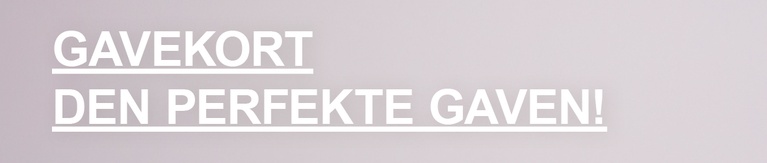 Banner med teksten "GAVEKORT. DEN PERFEKTE GAVEN!" i hvitt på lys grå bakgrunn.