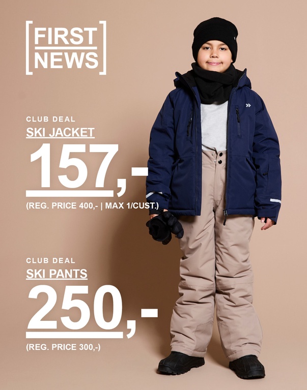 To barn i skiklær – ett barn i blå skijakke og beige skibukser og ett barn i svart skijakke og svarte skibukser. Kampanjetekst: “CLUB DEAL, SKI PANTS, 250,- (ORD. PRIS 300,-)” og “CLUB DEAL, SKI JACKET, 157,- (ORD. PRIS 400,- | MAX 1/KUNDE)”.