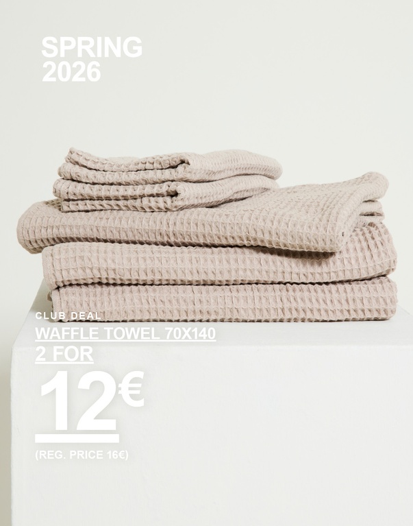 Beige Waffelhandtücher in der Größe 70x140. Kampagnentext: 'CLUB DEAL, HANDDUK 70X140, 2 FÜR 12€ (UVP 16€)'.