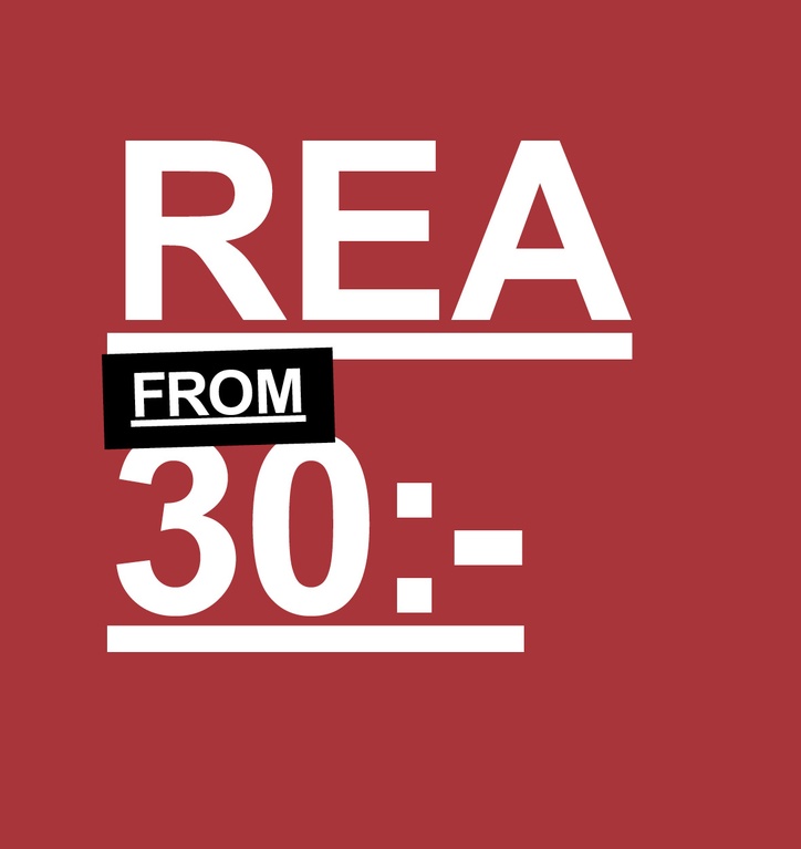 Röd bakgrund med vit text: “REA FRÅN 30:-”