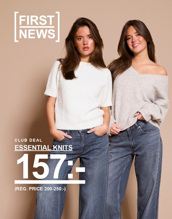 Två tjejer i stickade tröjor – en i vit kortärmad stickad tröja och en i ljusbeige stickad tröja med v-ringning. Kampanjtext: "CLUB DEAL, ESSENTIAL KNITS, 157:- (ORD. PRIS 200–250:-)".