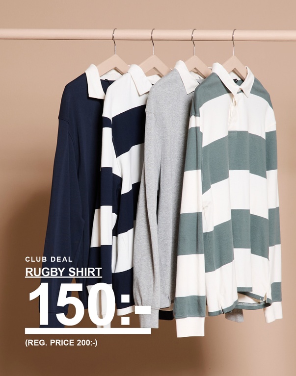 Fyra rugby shirts i olika färger hängande på galge mot beige bakgrund. Kampanjtext: “CLUB DEAL RUGBY SHIRT 150:- (REG. PRICE 200:-)”.