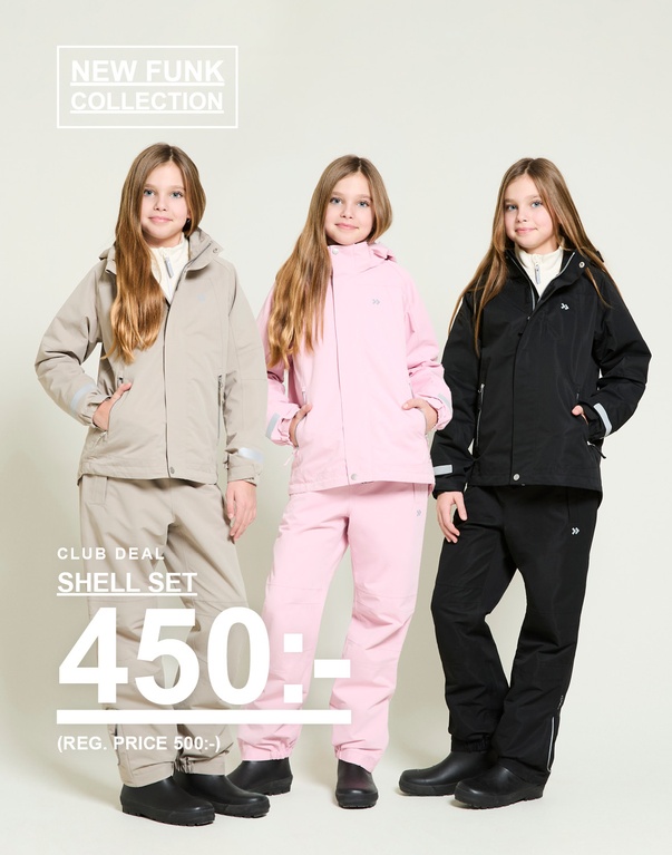 Barn i beige, rosa och svart skalset står mot ljus bakgrund. Kampanjtext: ”NEW FUNK COLLECTION”, ”CLUB DEAL SHELL SET 450:- (REG. PRICE 500:-)”.