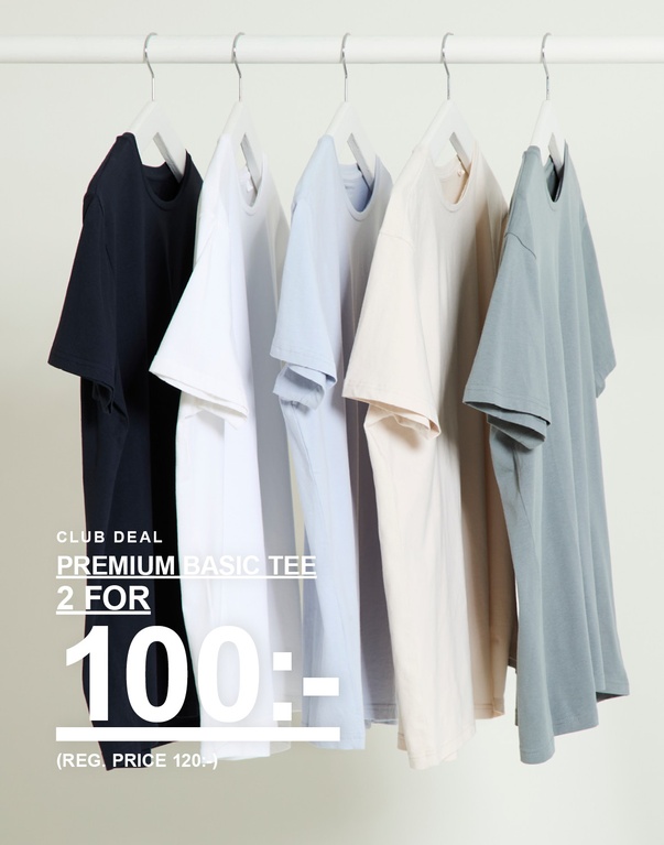 Fem t-shirts i svart, vit, ljusblå, beige och salviagrön som hänger på rad mot ljus bakgrund. Club deal premium basic tee 2 for 100:- (reg. price 120:-)