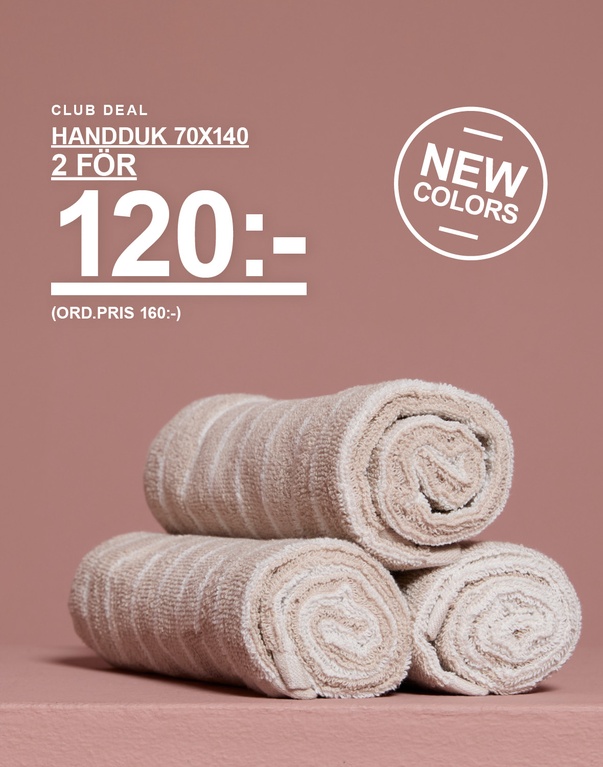 Beiga handdukar i storlek 70x140. Kampanjtext: 'CLUB DEAL, HANDDUK 70X140, 2 FÖR 120:- (ORD. PRIS 160:-)