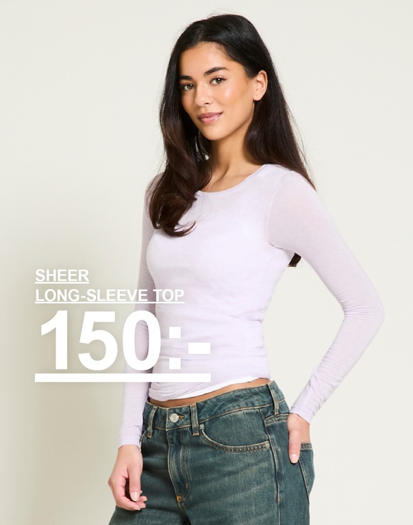 Ljuslila långärmad topp. Kampanjtext: "SHEER LONG-SLEEVE TOP, 150:-".