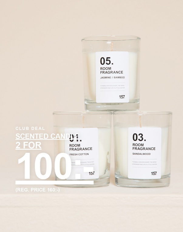 Doftljus i glas. Kampanjtext: 'CLUB DEAL, SCENTED CANDLE, 2 FÖR 100:- (ORD. PRIS 160:-)'.
