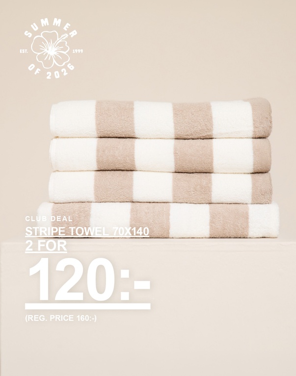 Beiga våfflade handdukar i storlek 70x140. Kampanjtext: 'CLUB DEAL, WAFFLE TOWEL 70X140, 2 FÖR 120:- (ORD. PRIS 160:-)'.